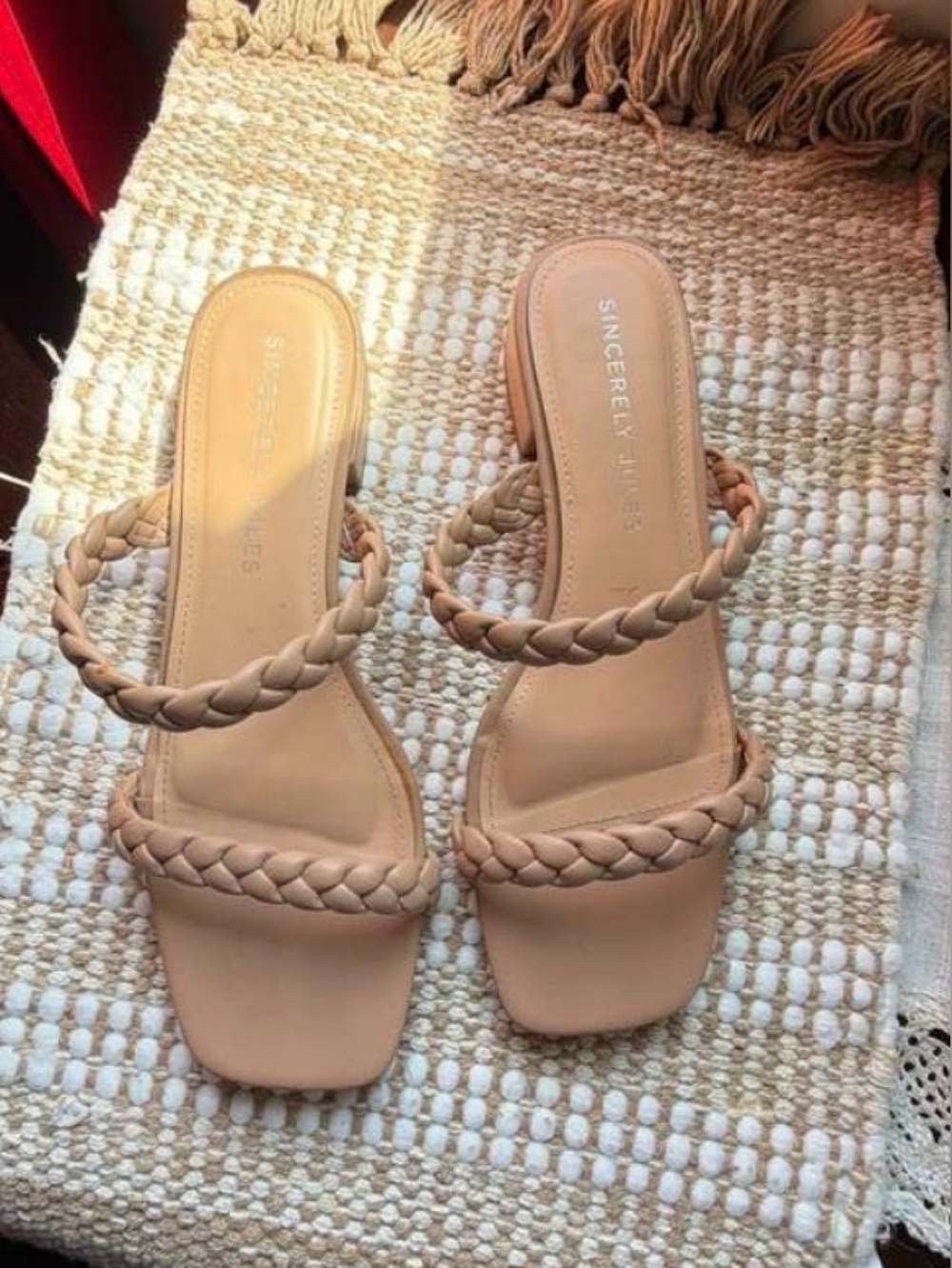 Sincerely Jules Nude Braided Two-Band Low Block Heel Sandals